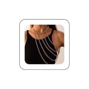 Women Gold Layered Body Chain Jewelry Multi Row Shoulder Necklace Choker